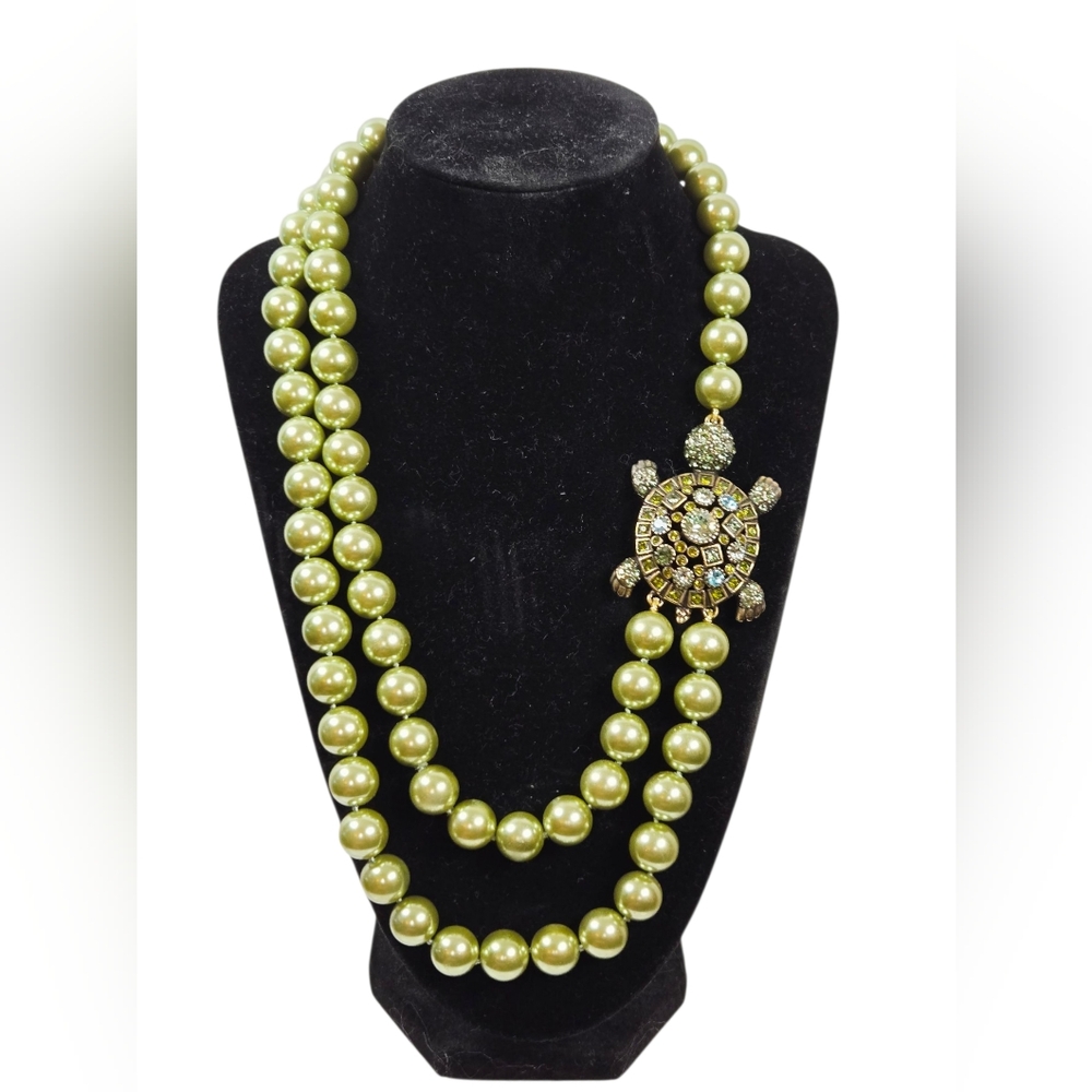 Heidi Daus Green Turtle Necklace Glass Pearls Pavé Crystal w/ Box